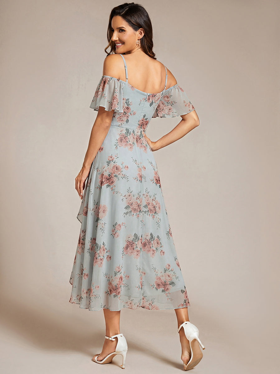 Robes d'invitées de mariage en mousseline  épaules dénudées  hautes et basses  manches courtes #Couleur_Floraison Ambrée