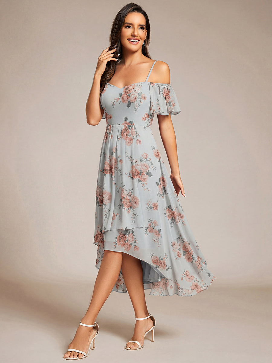 Robes d'invitées de mariage en mousseline  épaules dénudées  hautes et basses  manches courtes #Couleur_Floraison Ambrée