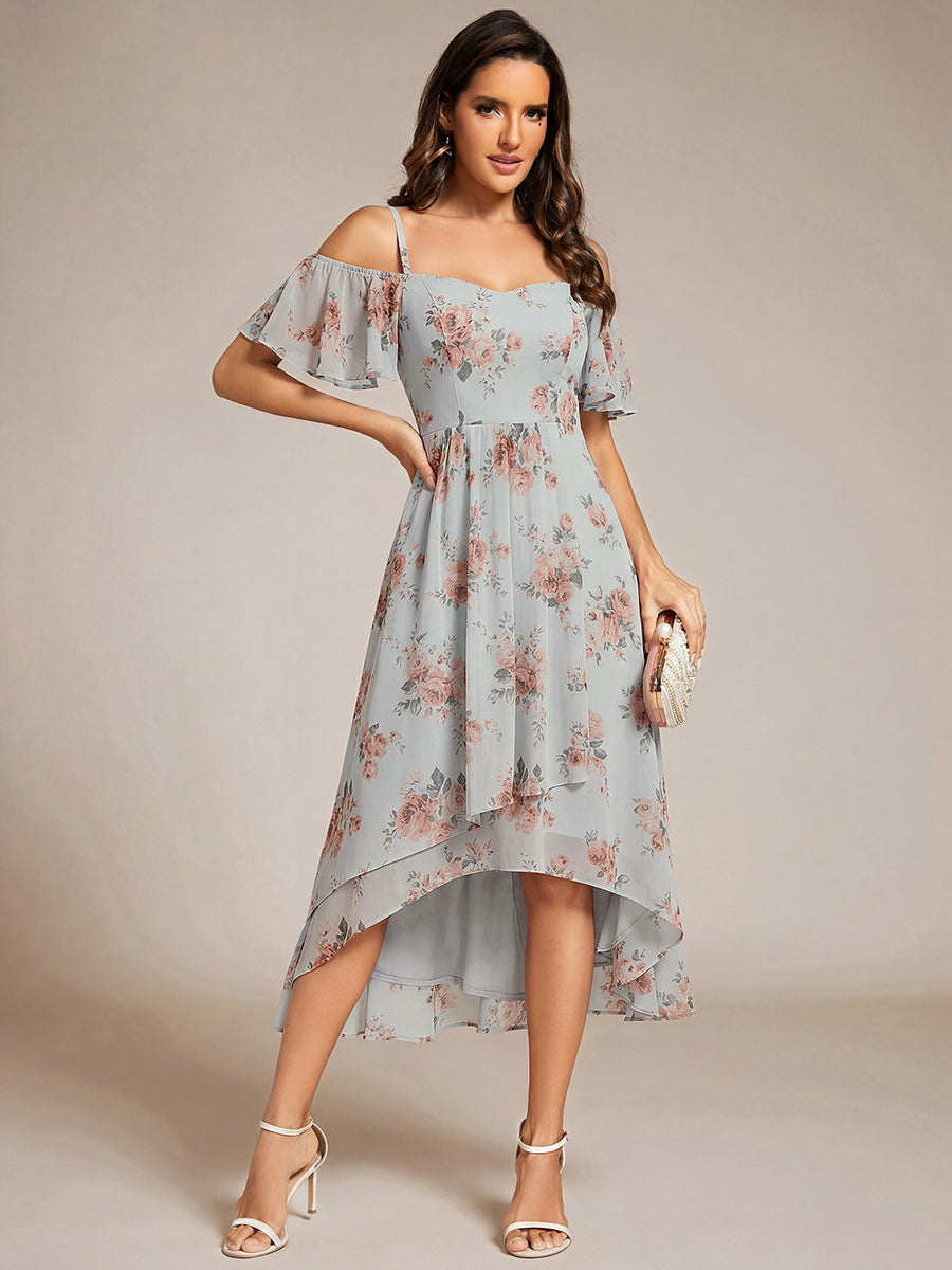 Robes d'invitées de mariage en mousseline  épaules dénudées  hautes et basses  manches courtes #Couleur_Floraison Ambrée