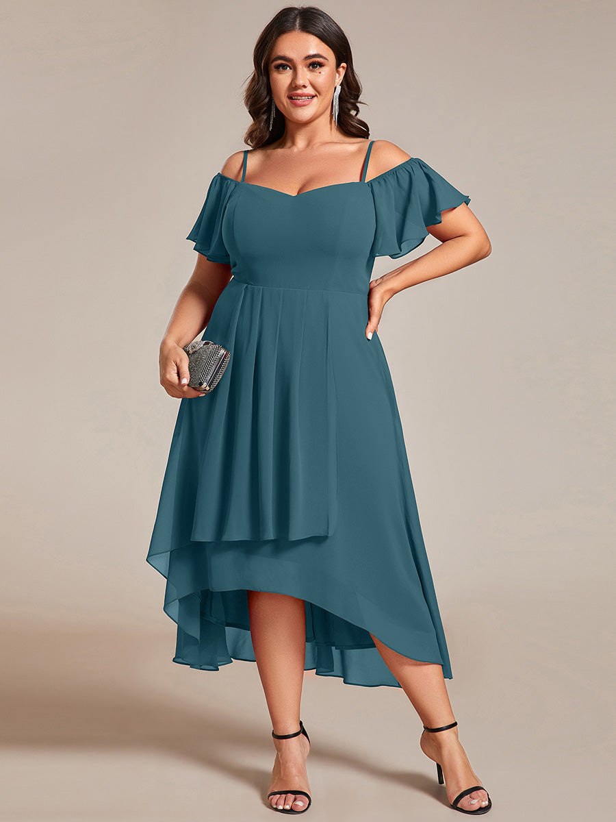 Robes d'invitées de mariage en mousseline  épaules dénudées  hautes et basses  manches courtes #Couleur_Bleu Sarcelle