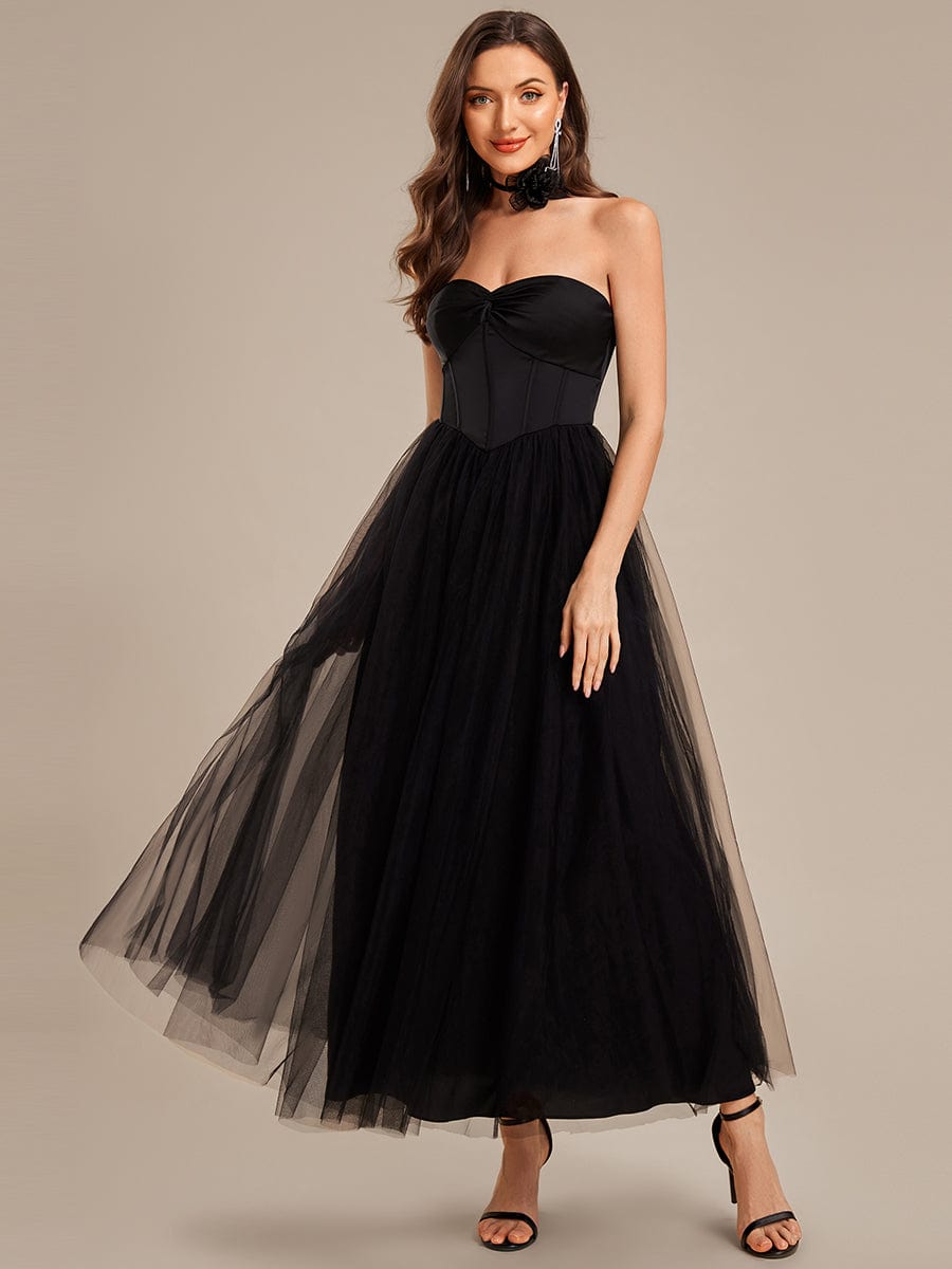 Robe d'invité de mariage trapèze en mousseline fluide à encolure ronde et longueur au genou #Couleur_Noir
