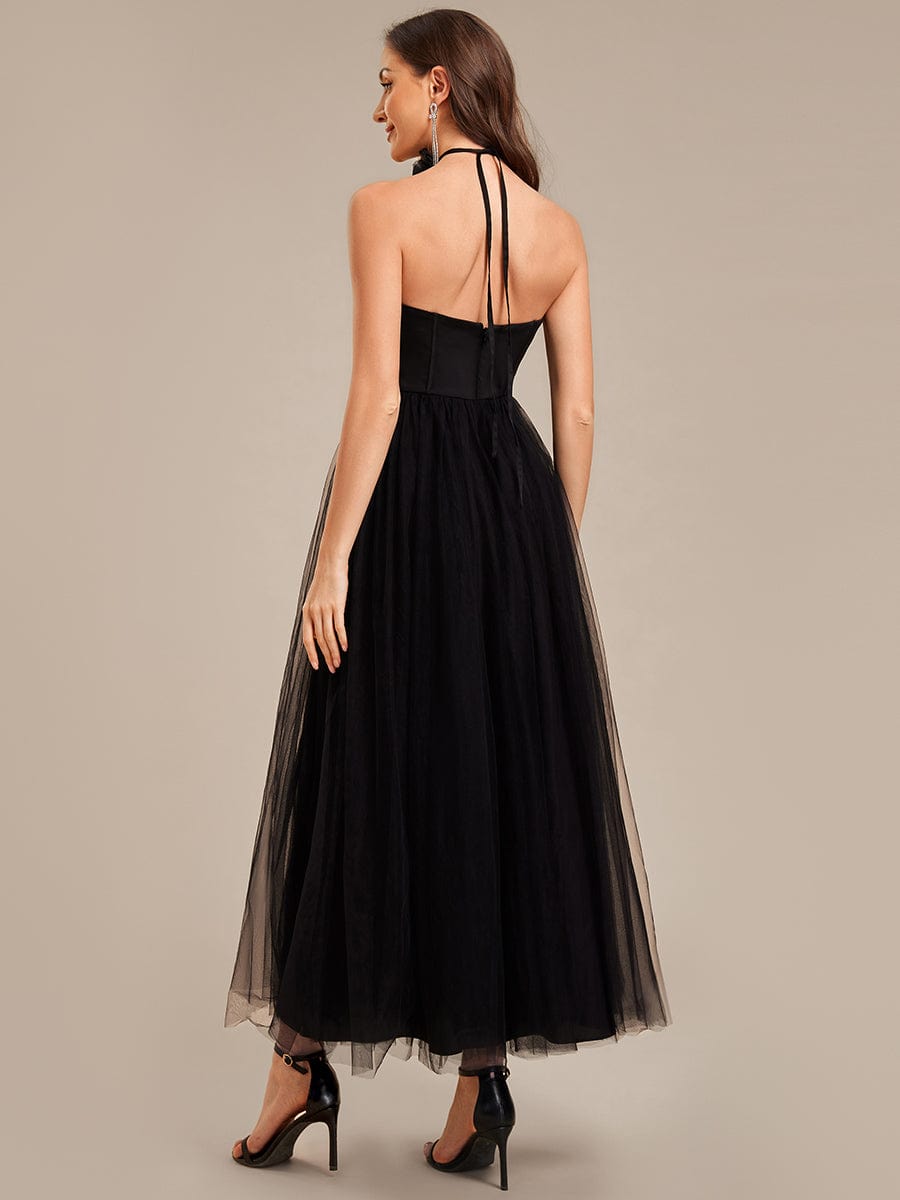 Robe d'invité de mariage trapèze en mousseline fluide à encolure ronde et longueur au genou #Couleur_Noir