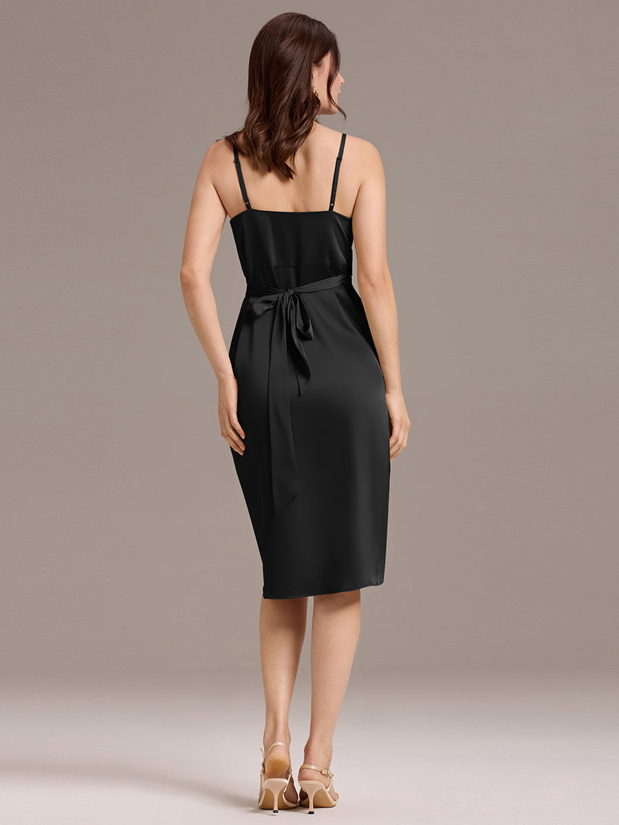 Robe de mariée mi-longue en satin à col en V et bretelles spaghetti #Couleur_Noir