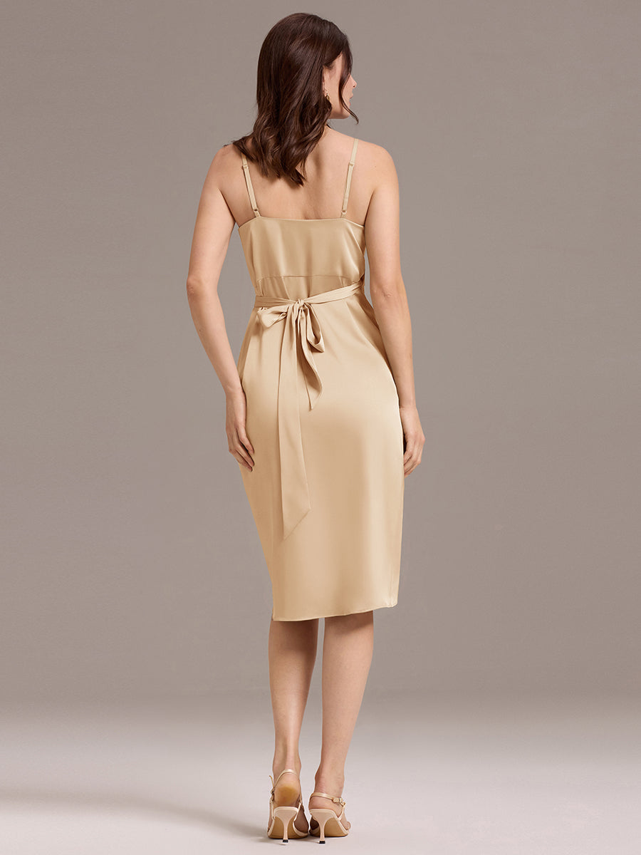 Robe de mariée mi-longue en satin à col en V et bretelles spaghetti #Couleur_Charbon