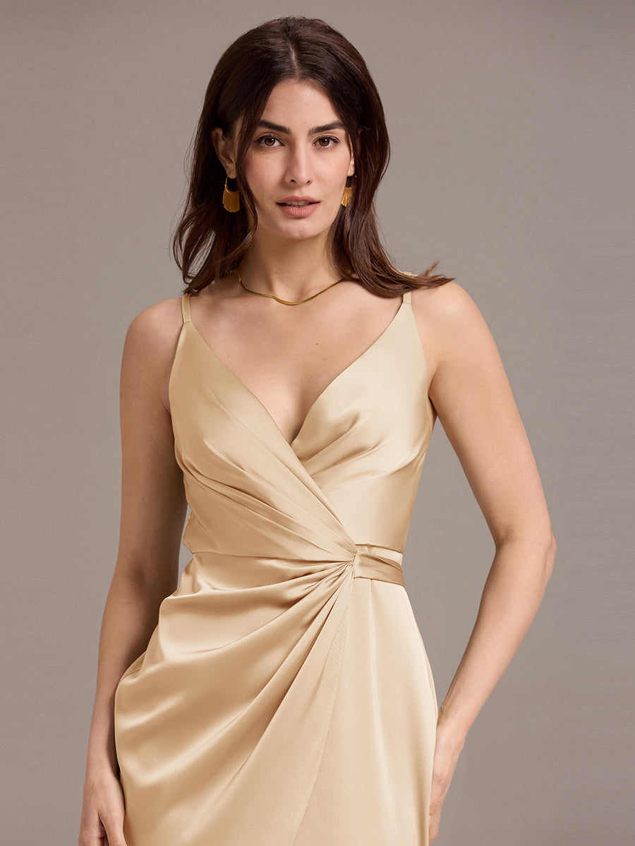 Robe de mariée mi-longue en satin à col en V et bretelles spaghetti #Couleur_Charbon
