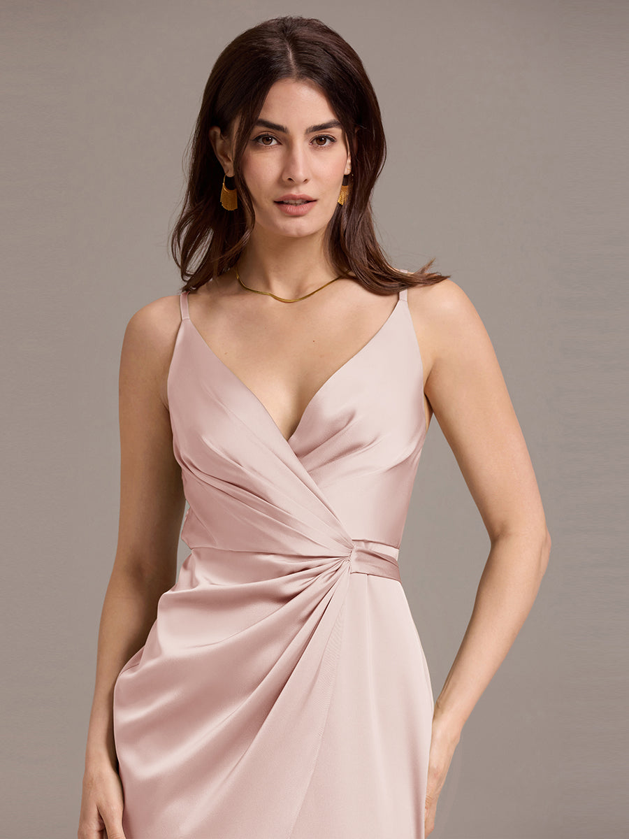 Robe de mariée mi-longue en satin à col en V et bretelles spaghetti #Couleur_Rose