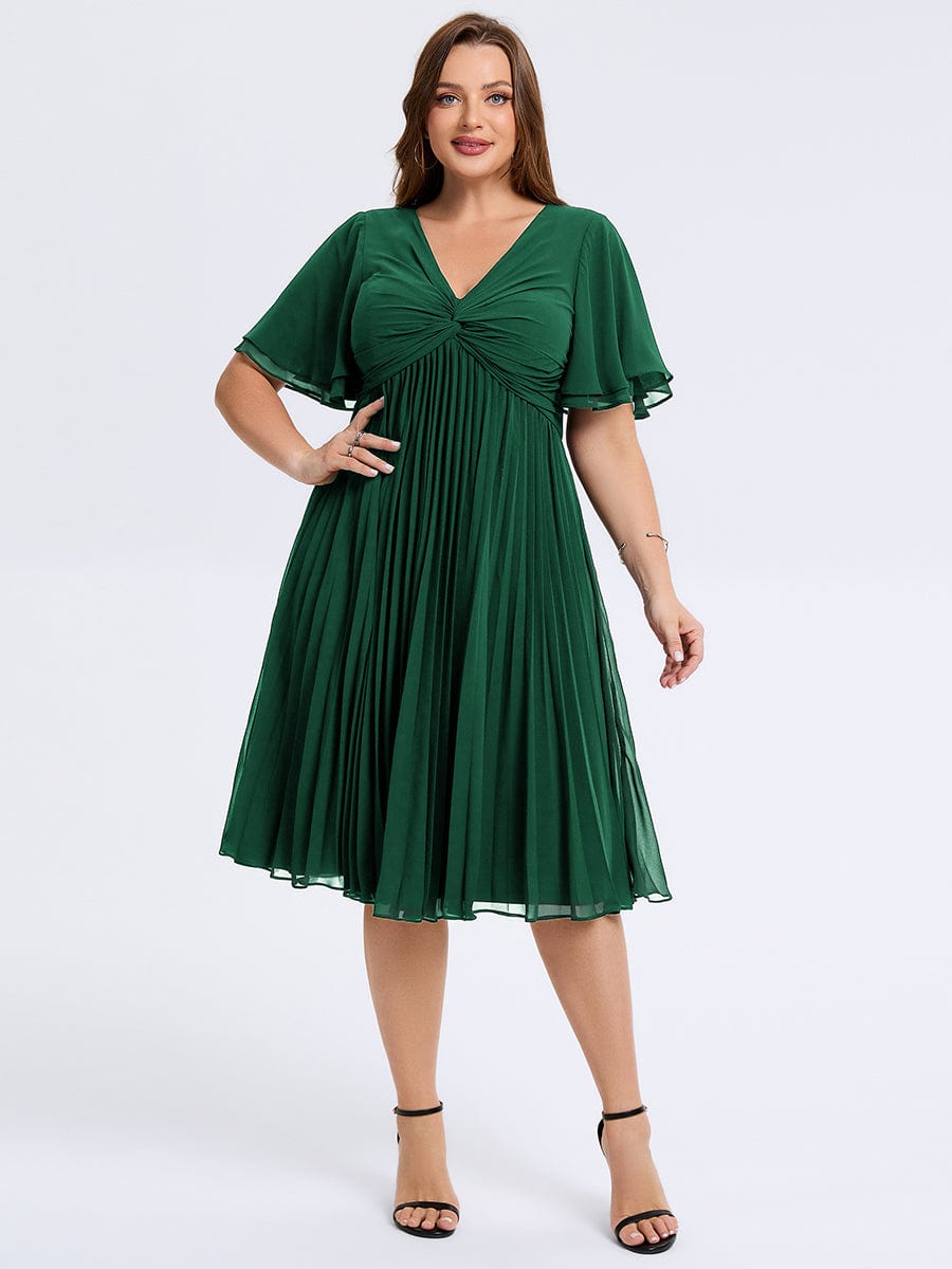 Robe d'invité de mariage trapèze en mousseline fluide à encolure ronde et longueur au genou #Couleur_Vert Fonce