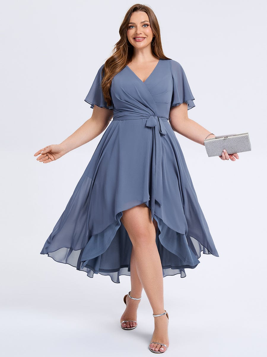 Robe d'invité de mariage trapèze en mousseline fluide à encolure ronde et longueur au genou #Couleur_Marine Fume