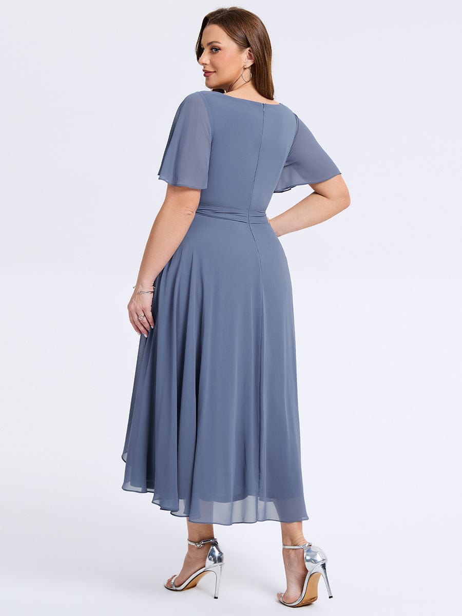 Robe d'invité de mariage trapèze en mousseline fluide à encolure ronde et longueur au genou #Couleur_Marine Fume