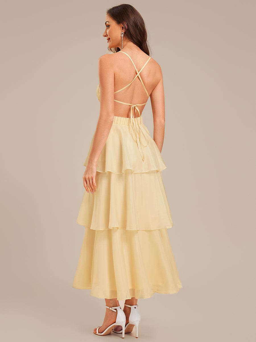 Robe d'invité de mariage trapèze en mousseline fluide à encolure ronde et longueur au genou #Couleur_Jaune