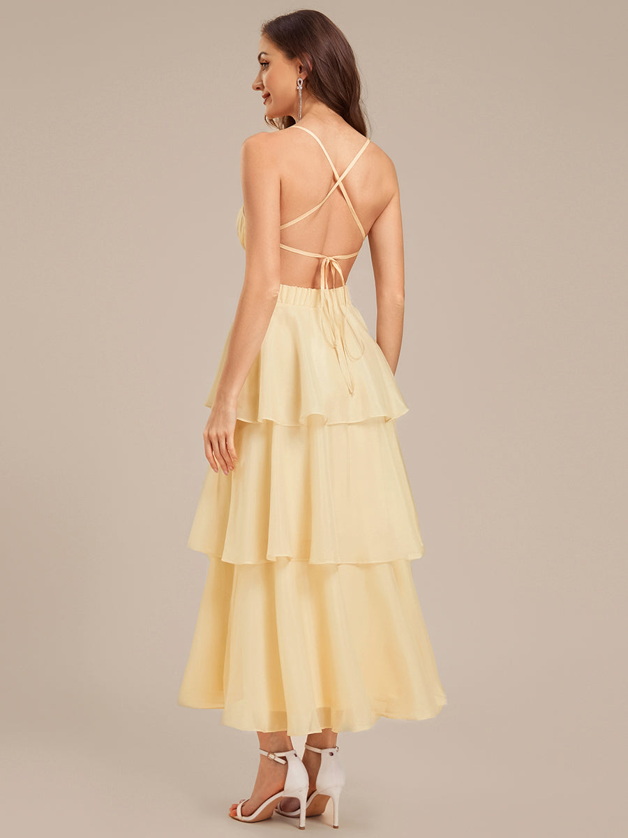 Robe d'invité de mariage trapèze en mousseline fluide à encolure ronde et longueur au genou #Couleur_Jaune