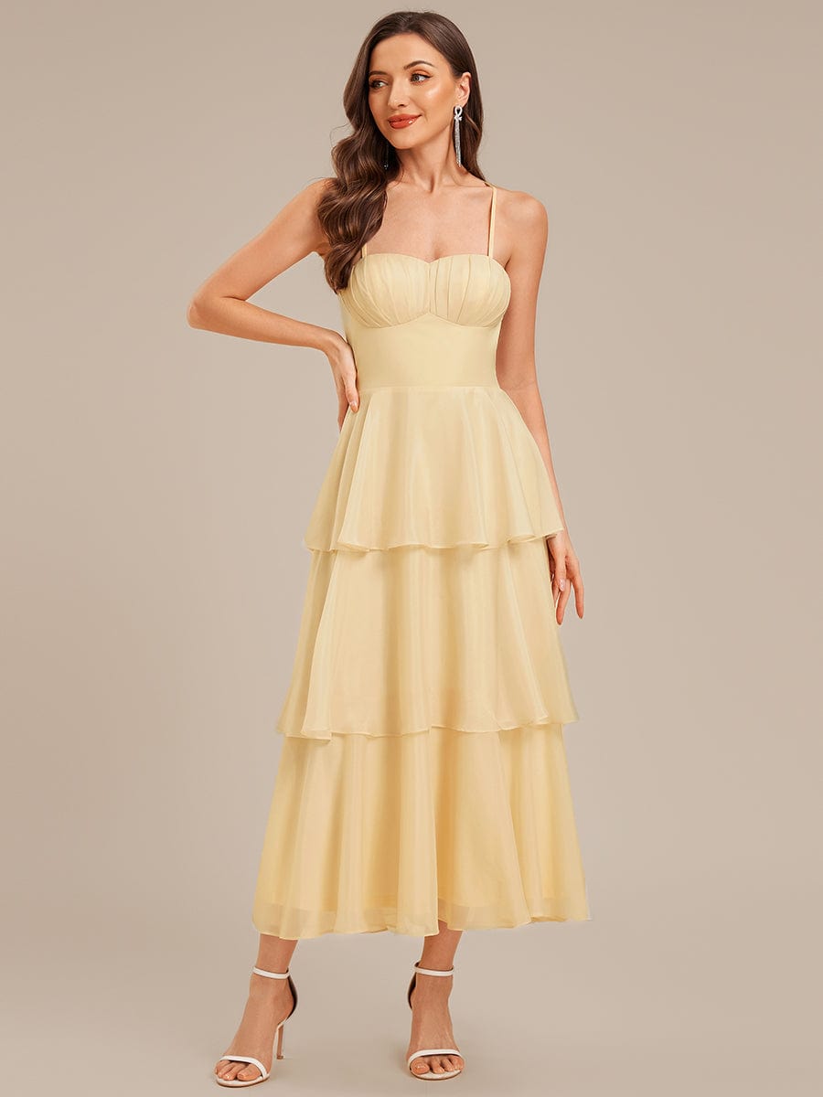 Robe d'invité de mariage trapèze en mousseline fluide à encolure ronde et longueur au genou #Couleur_Jaune