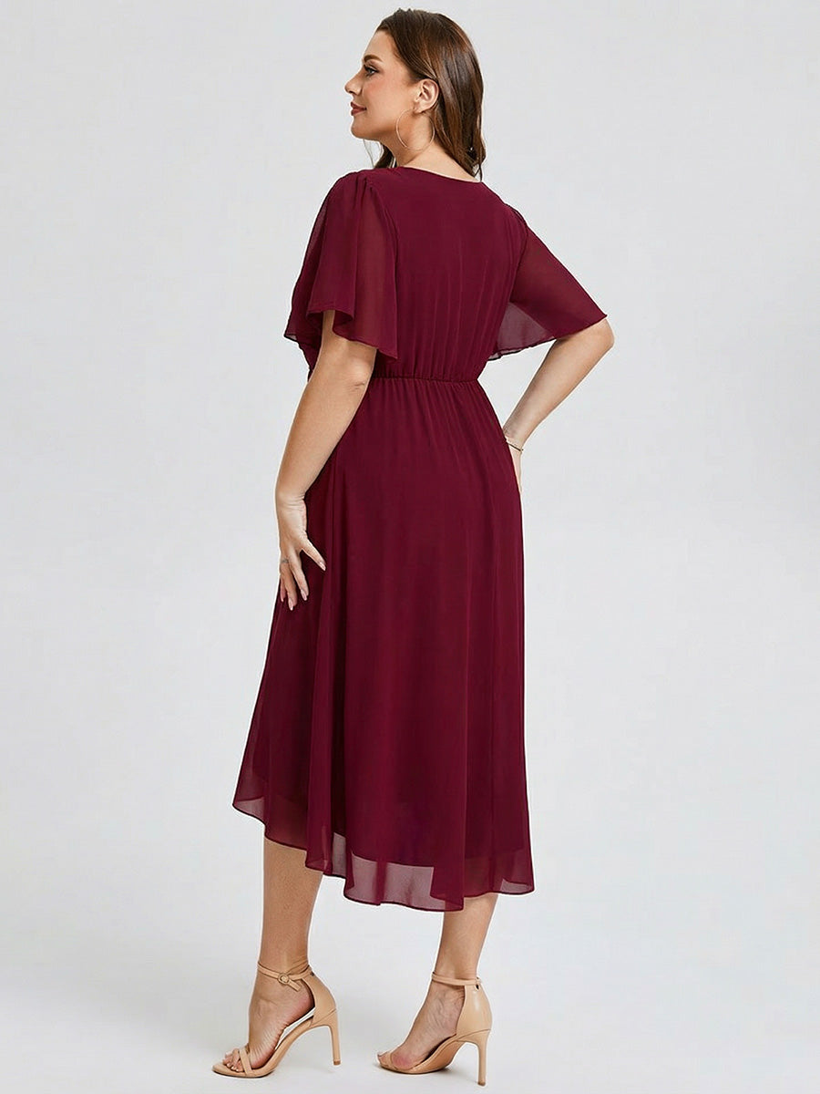 Robe d'invité de mariage trapèze en mousseline fluide à encolure ronde et longueur au genou #Couleur_Bordeaux