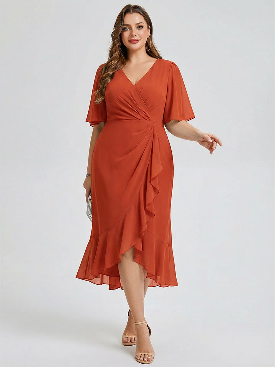 Robe d'invité de mariage trapèze en mousseline fluide à encolure ronde et longueur au genou #Couleur_Burnt Orange