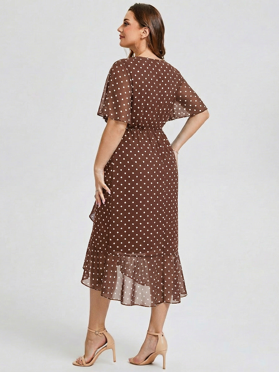 Robe d'invité de mariage trapèze en mousseline fluide à encolure ronde et longueur au genou #Couleur_Pois Marrons