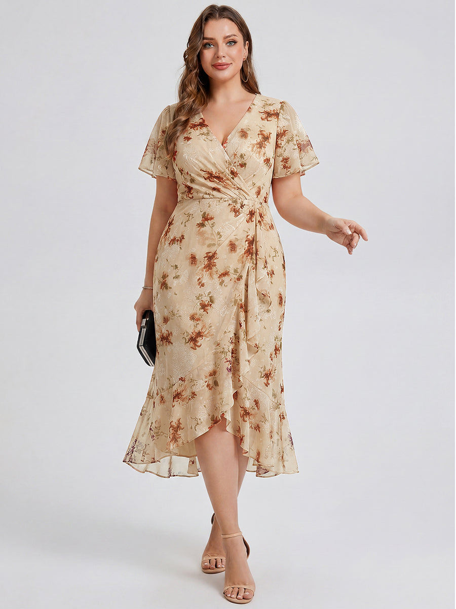 Robe d'invité de mariage trapèze en mousseline fluide à encolure ronde et longueur au genou #Couleur_Impression Champagne