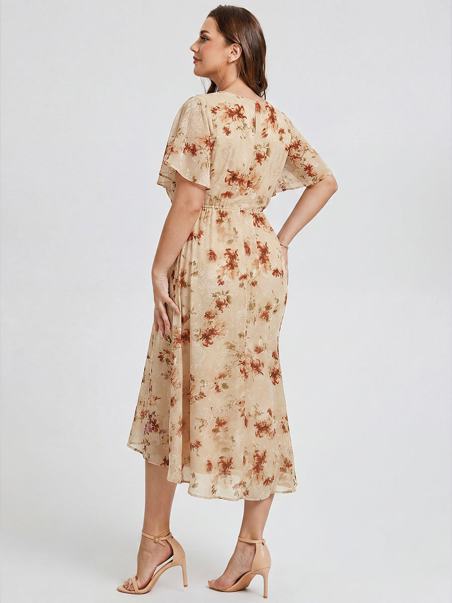 Robe d'invité de mariage trapèze en mousseline fluide à encolure ronde et longueur au genou #Couleur_Impression Champagne