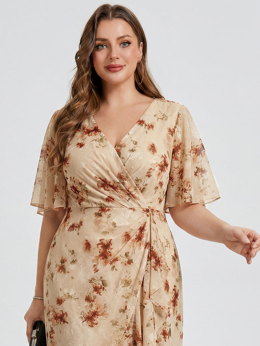Robe d'invité de mariage trapèze en mousseline fluide à encolure ronde et longueur au genou #Couleur_Impression Champagne