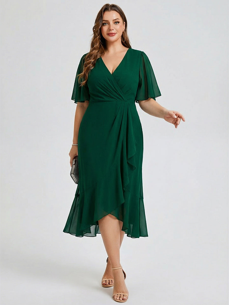 Robe d'invité de mariage trapèze en mousseline fluide à encolure ronde et longueur au genou #Couleur_Vert Fonce