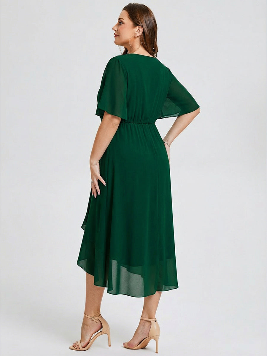 Robe d'invité de mariage trapèze en mousseline fluide à encolure ronde et longueur au genou #Couleur_Vert Fonce