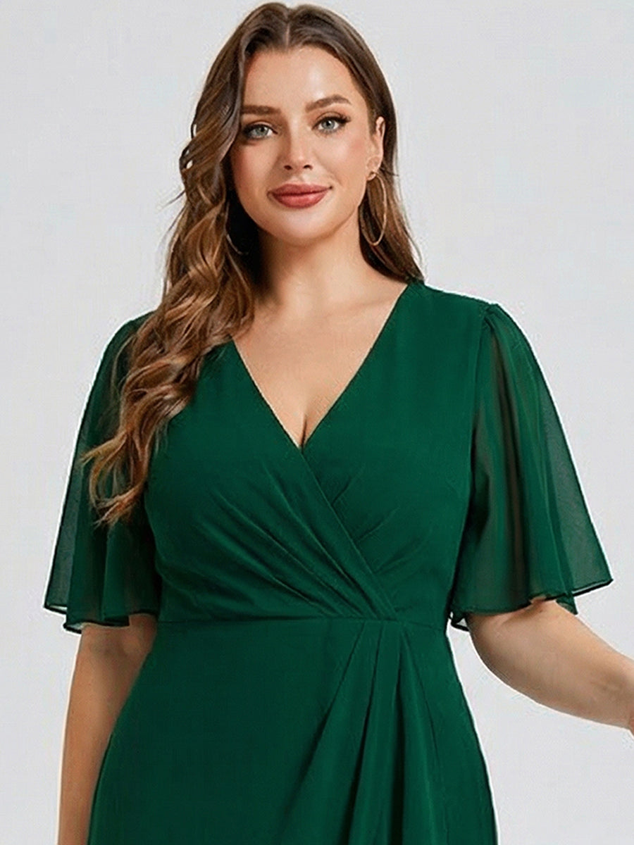 Robe d'invité de mariage trapèze en mousseline fluide à encolure ronde et longueur au genou #Couleur_Vert Fonce