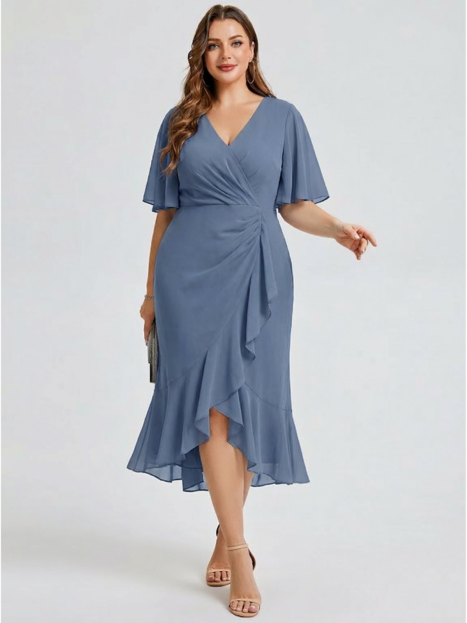 Robe d'invité de mariage trapèze en mousseline fluide à encolure ronde et longueur au genou #Couleur_Marine Fume