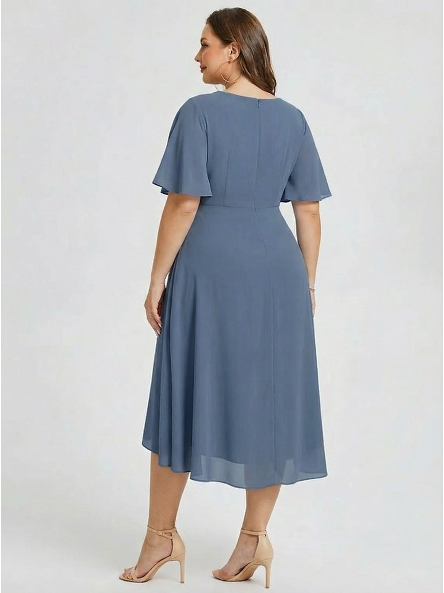 Robe d'invité de mariage trapèze en mousseline fluide à encolure ronde et longueur au genou #Couleur_Marine Fume