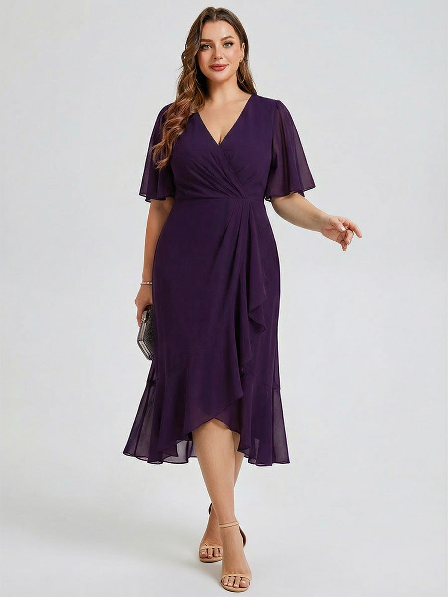 Robe d'invité de mariage trapèze en mousseline fluide à encolure ronde et longueur au genou #Couleur_Violet Fonce