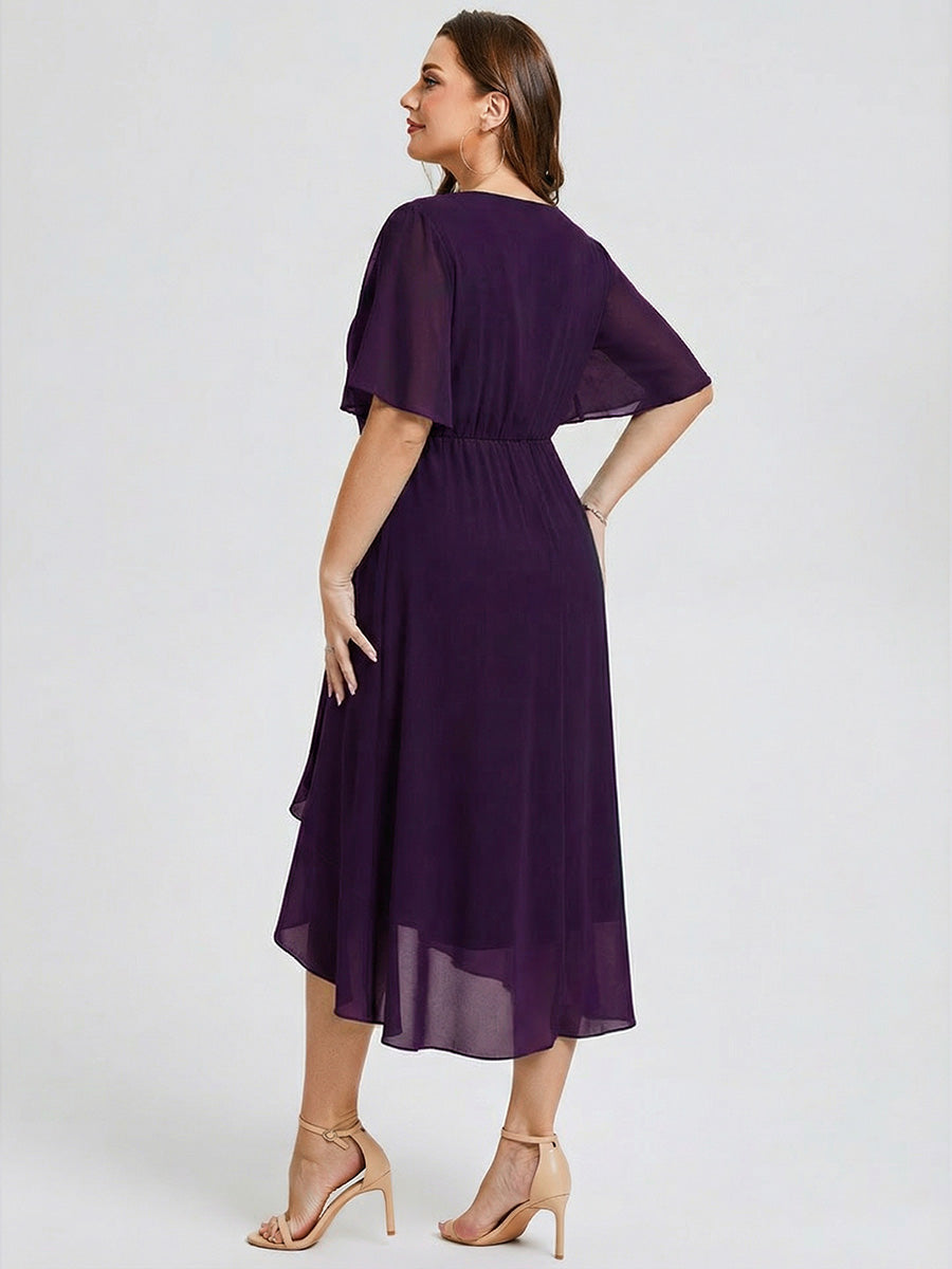 Robe d'invité de mariage trapèze en mousseline fluide à encolure ronde et longueur au genou #Couleur_Violet Fonce