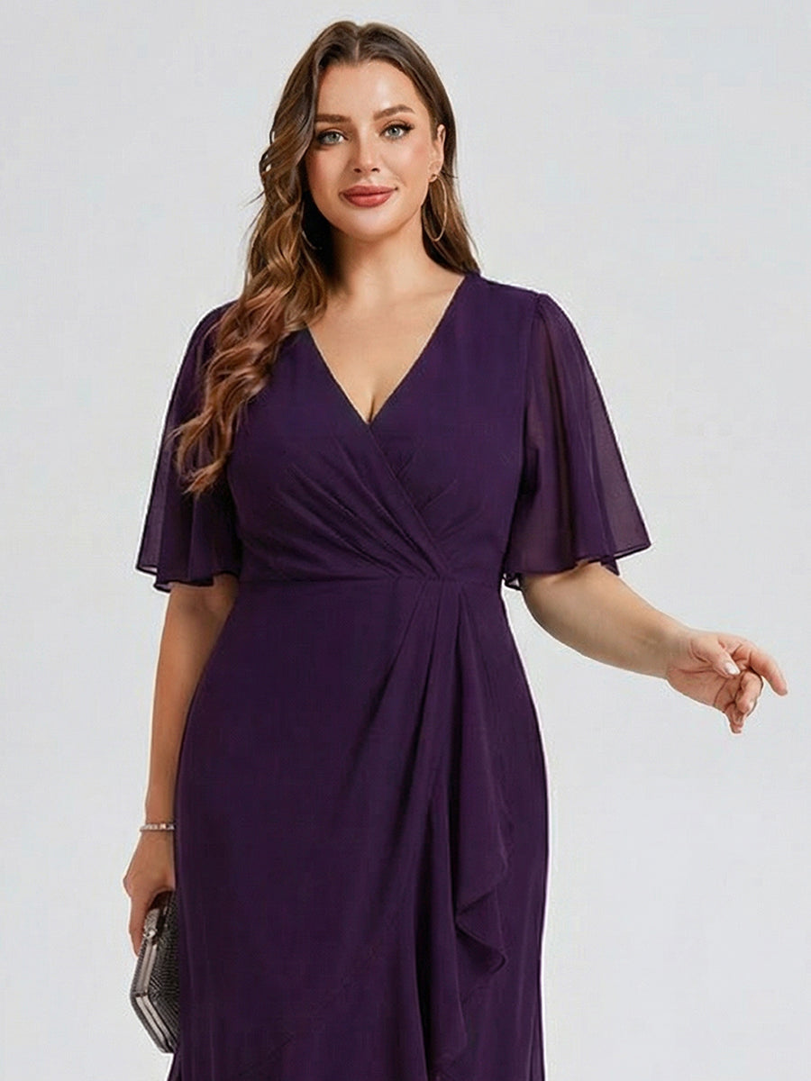 Robe d'invité de mariage trapèze en mousseline fluide à encolure ronde et longueur au genou #Couleur_Violet Fonce