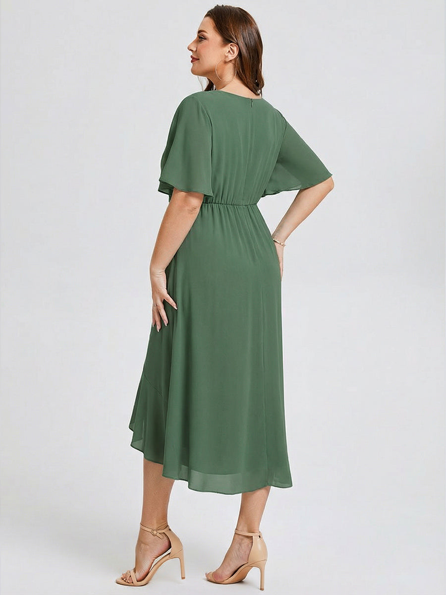 Robe d'invité de mariage trapèze en mousseline fluide à encolure ronde et longueur au genou #Couleur_Eukalyptus Grün