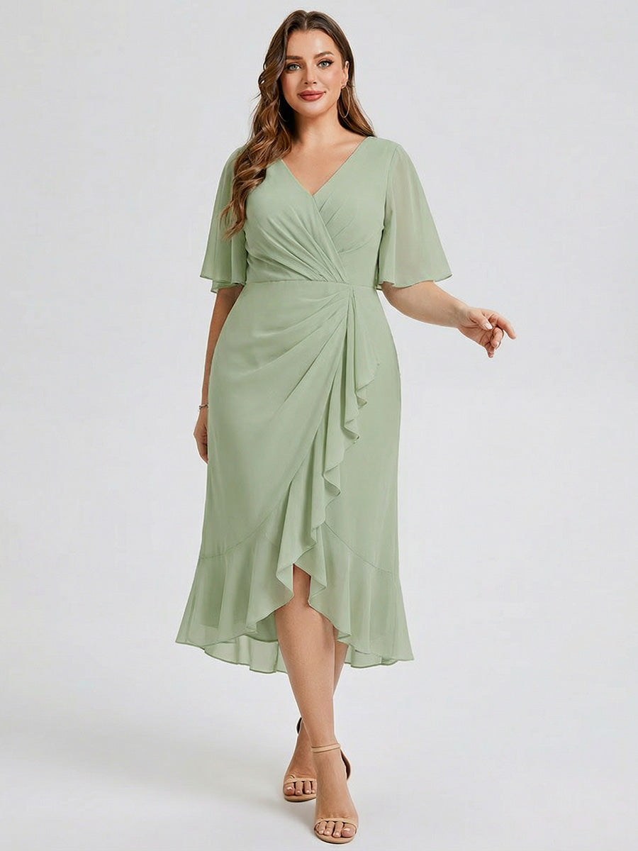 Robe d'invité de mariage trapèze en mousseline fluide à encolure ronde et longueur au genou #Couleur_Menthe Verte