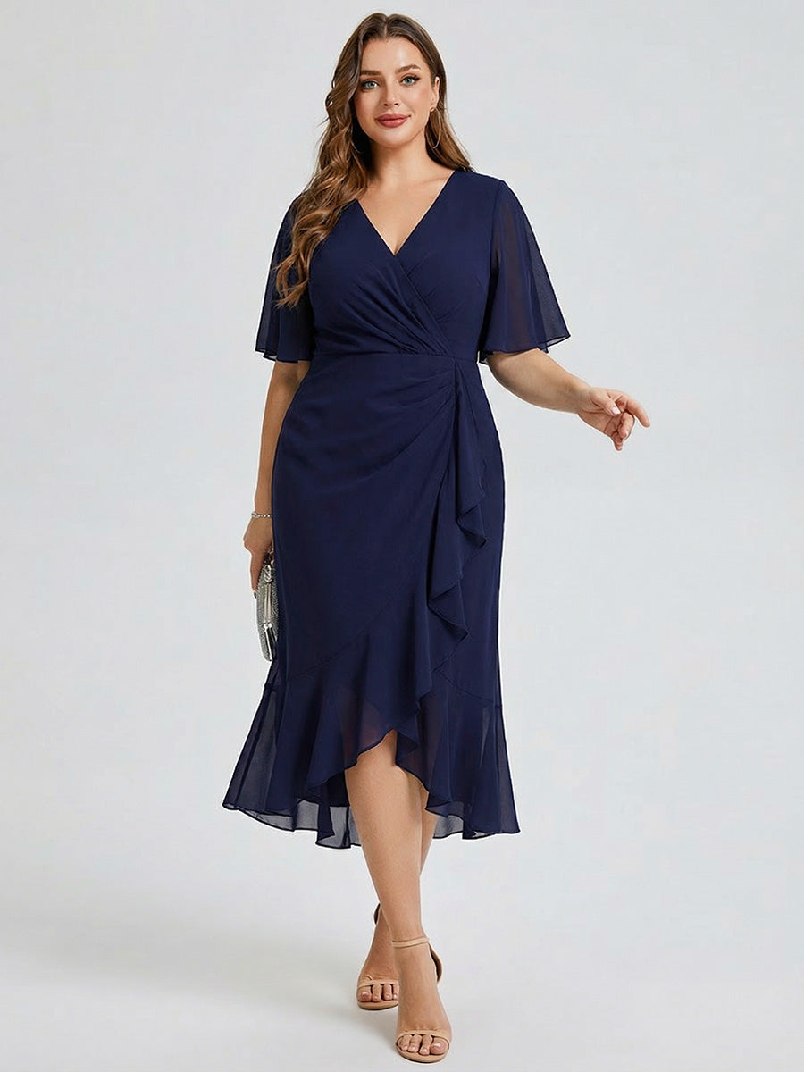 Robe d'invité de mariage trapèze en mousseline fluide à encolure ronde et longueur au genou #Couleur_Bleu Marine