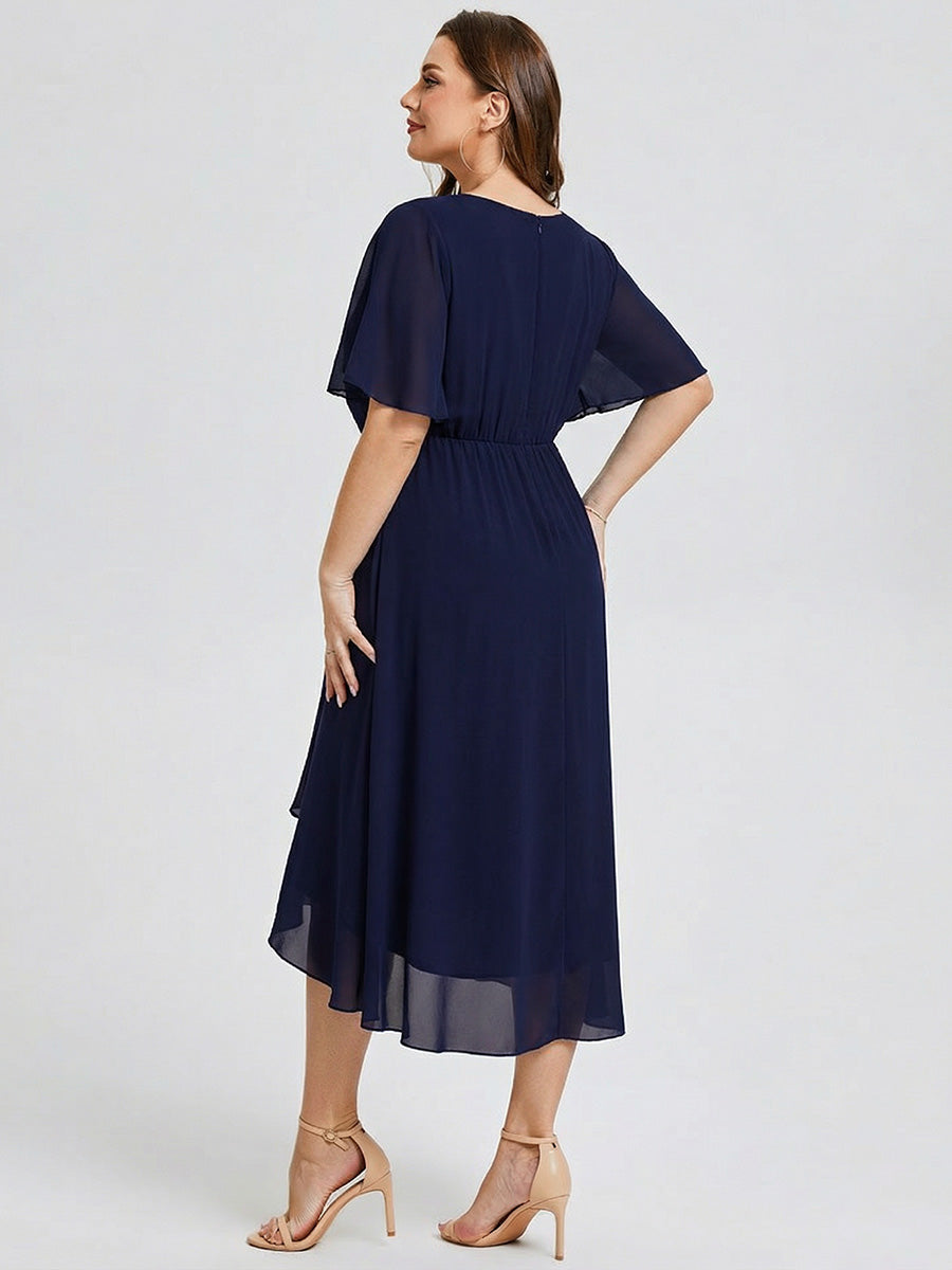 Robe d'invité de mariage trapèze en mousseline fluide à encolure ronde et longueur au genou #Couleur_Bleu Marine
