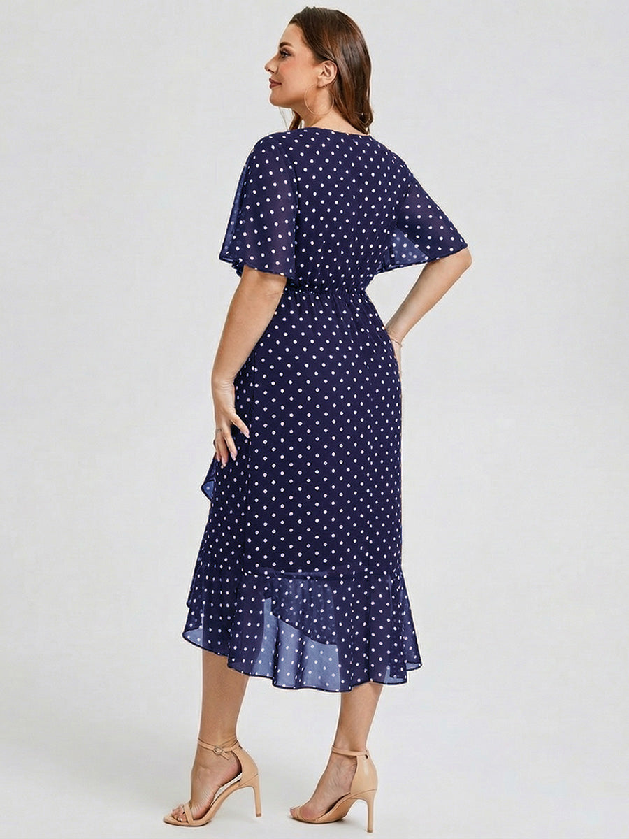Robe d'invité de mariage trapèze en mousseline fluide à encolure ronde et longueur au genou #Couleur_Pois Noirs