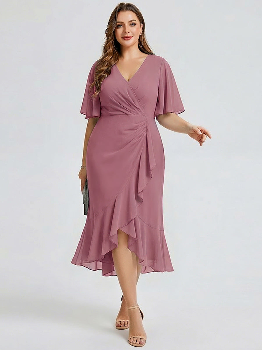 Robe d'invité de mariage trapèze en mousseline fluide à encolure ronde et longueur au genou #Couleur_Orchidee