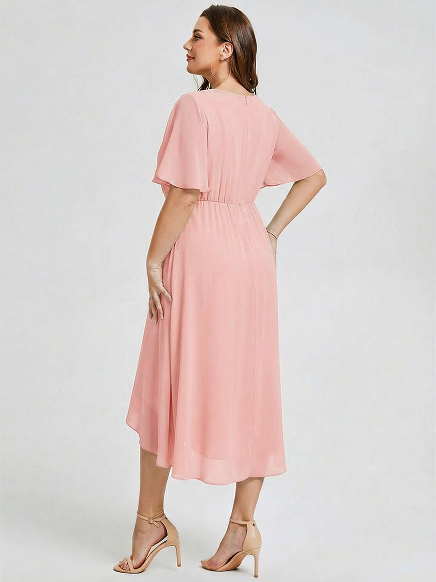 Robe d'invité de mariage trapèze en mousseline fluide à encolure ronde et longueur au genou #Couleur_Rose