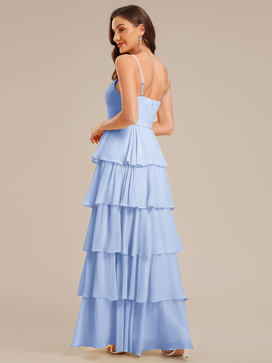 Robe d'invitée de mariage sans manches en mousseline à volants #Couleur_Bleu Glace