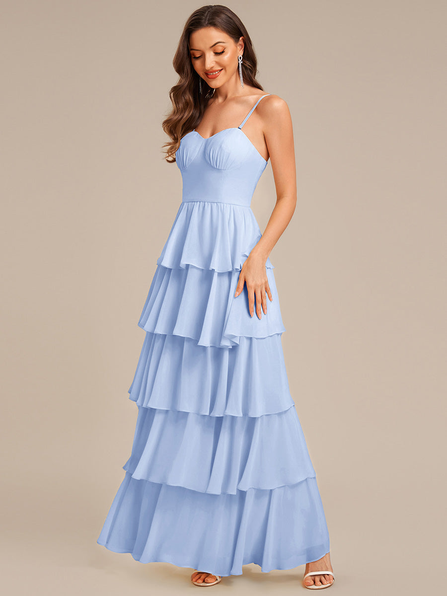 Robe d'invitée de mariage sans manches en mousseline à volants #Couleur_Bleu Glace