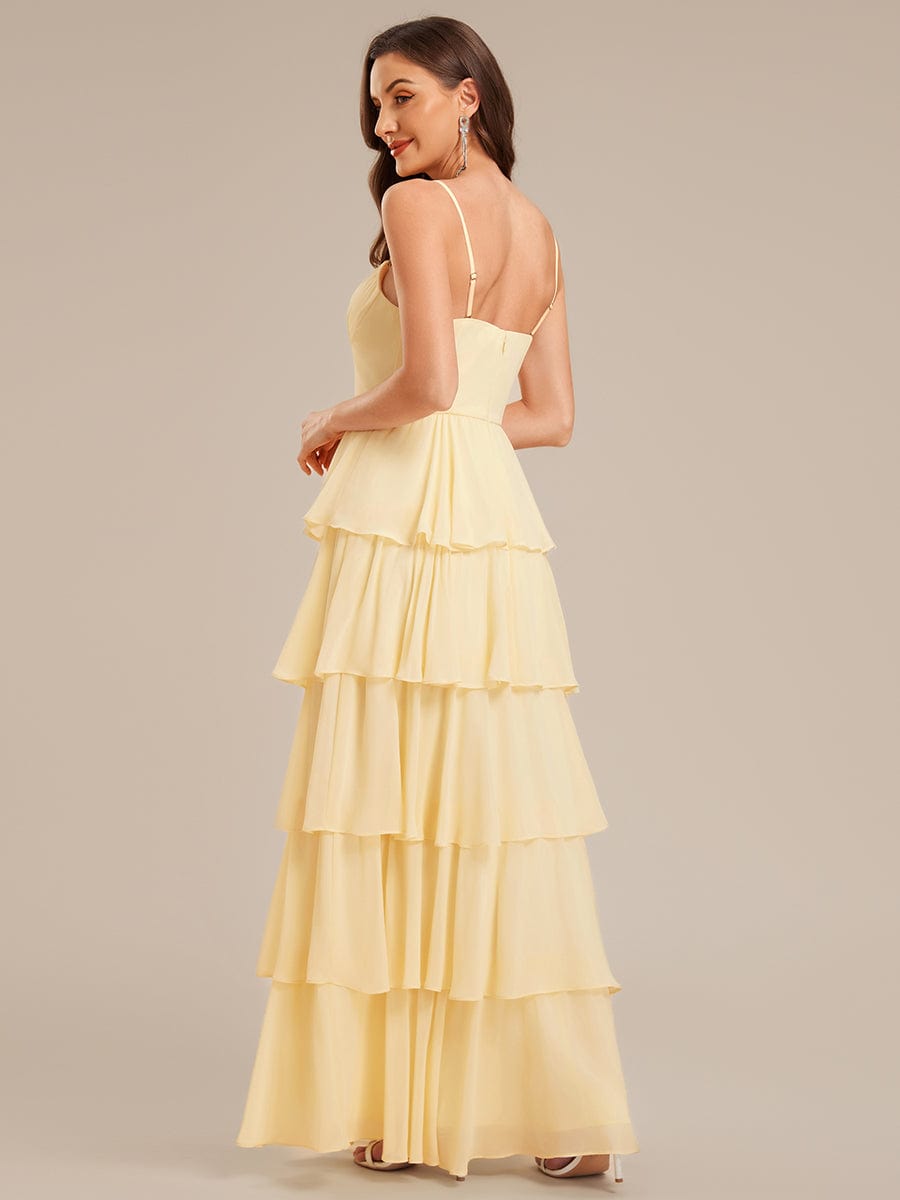Robe d'invité de mariage trapèze en mousseline fluide à encolure ronde et longueur au genou #Couleur_Jaune