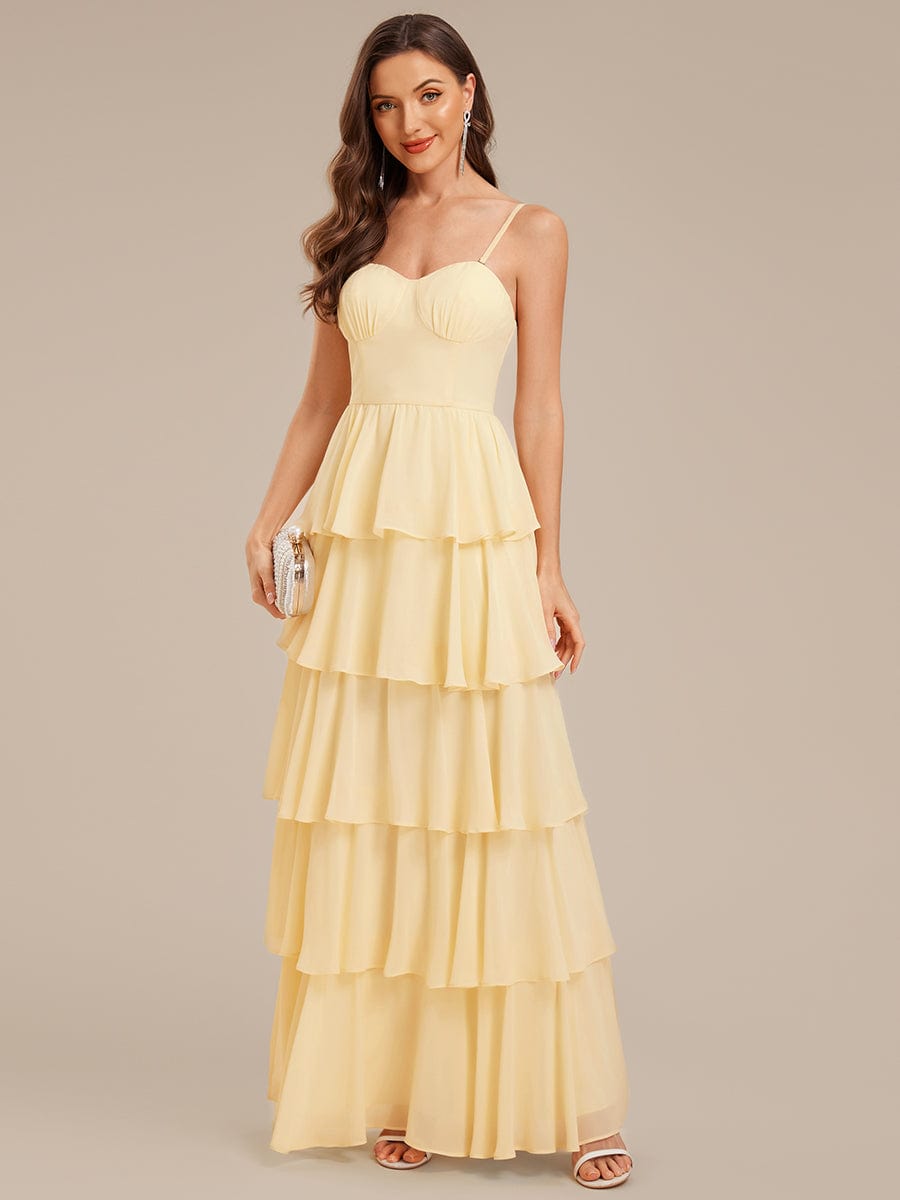 Robe d'invité de mariage trapèze en mousseline fluide à encolure ronde et longueur au genou #Couleur_Jaune
