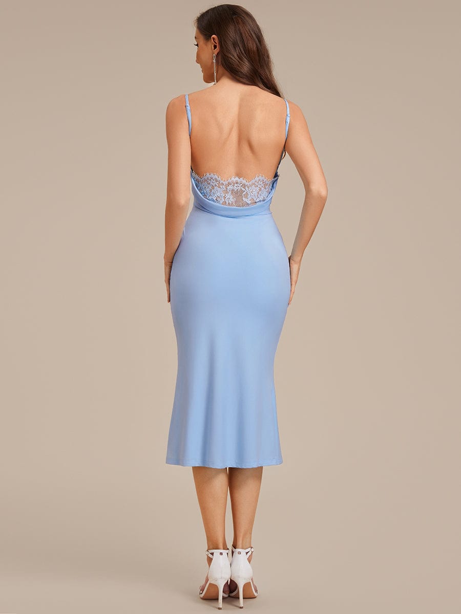 Robe d'invité de mariage trapèze en mousseline fluide à encolure ronde et longueur au genou #Couleur_Bleu Glace