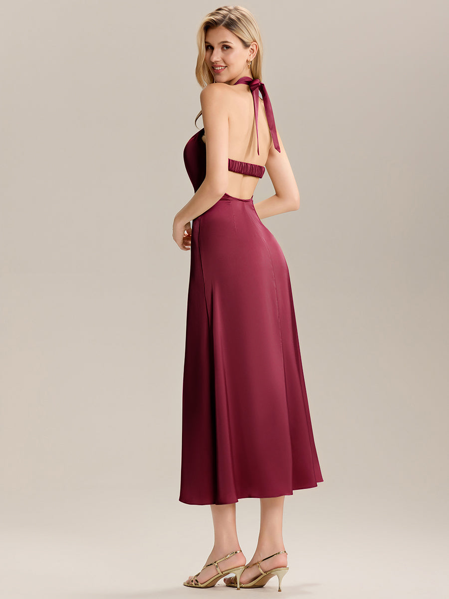 Robe maxi sans manches à col halter avec ruban  #Couleur_Bordeaux