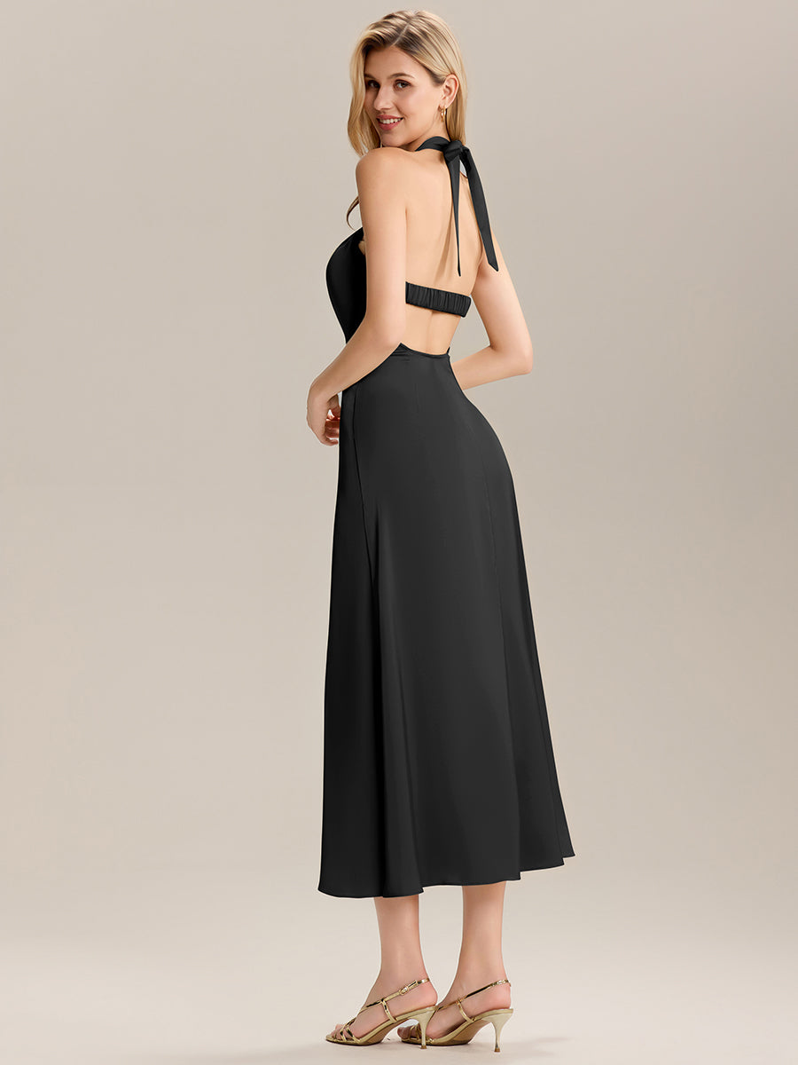Robe maxi sans manches à col halter avec ruban  #Couleur_Noir