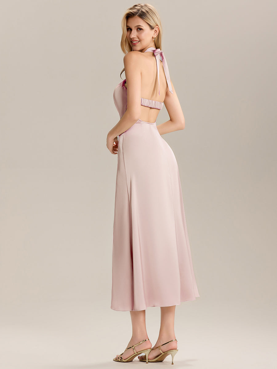 Robe maxi sans manches à col halter avec ruban  #Couleur_Rose