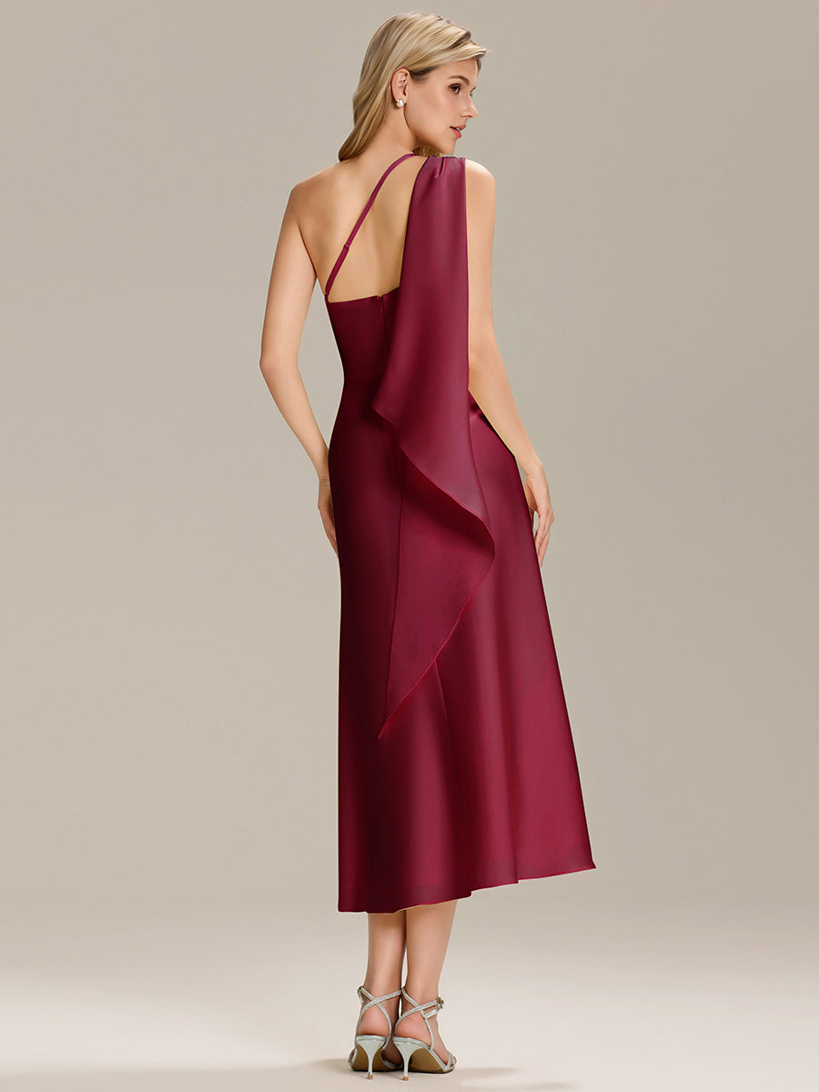 Robe midi asymétrique sans manches drapée #Couleur_Bordeaux