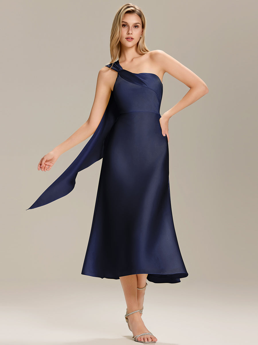 Robe midi asymétrique sans manches drapée #Couleur_Bleu Marine