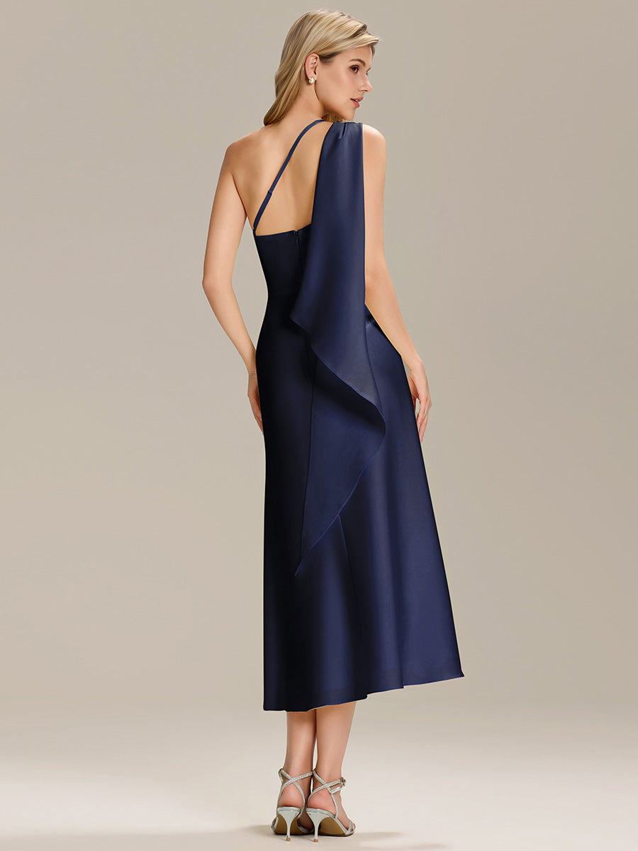 Robe midi asymétrique sans manches drapée #Couleur_Bleu Marine