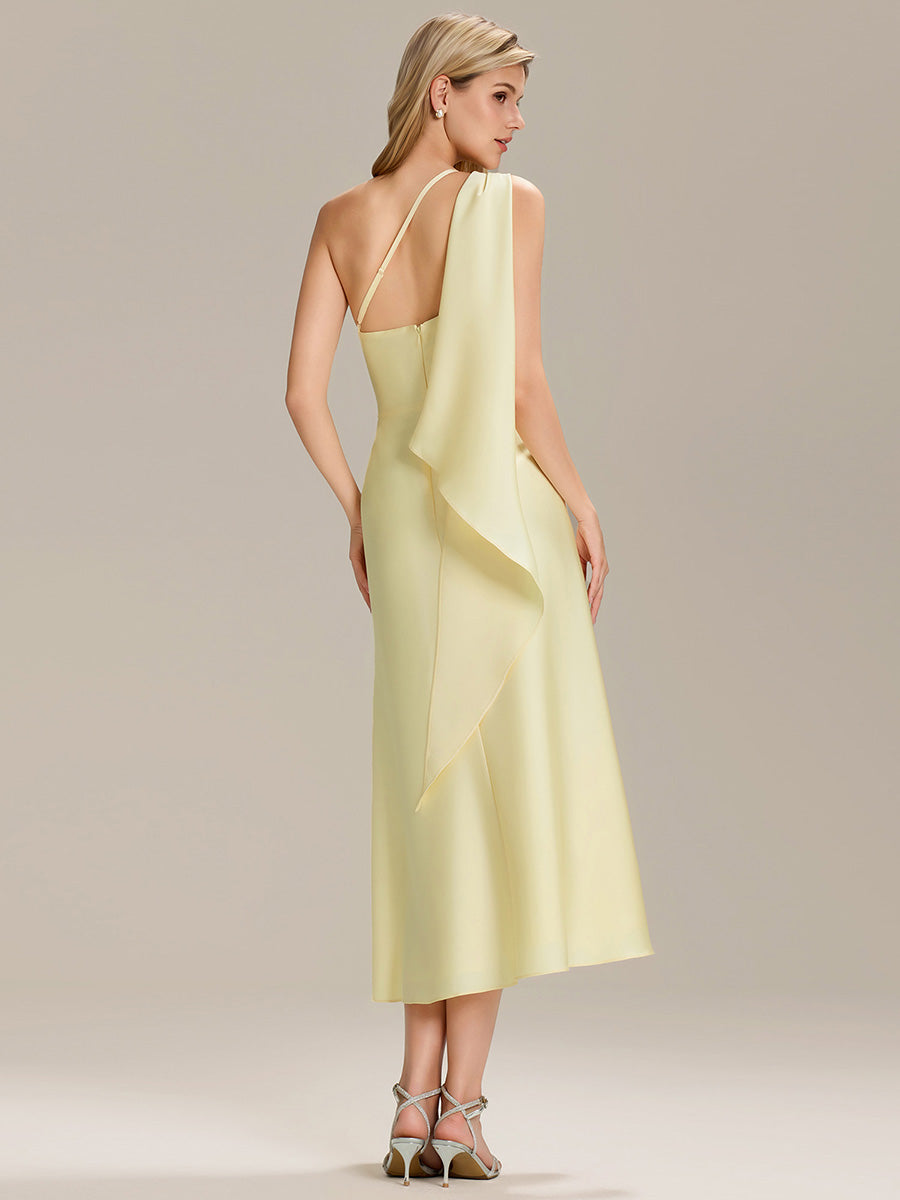 Robe midi asymétrique sans manches drapée #Couleur_Jaune