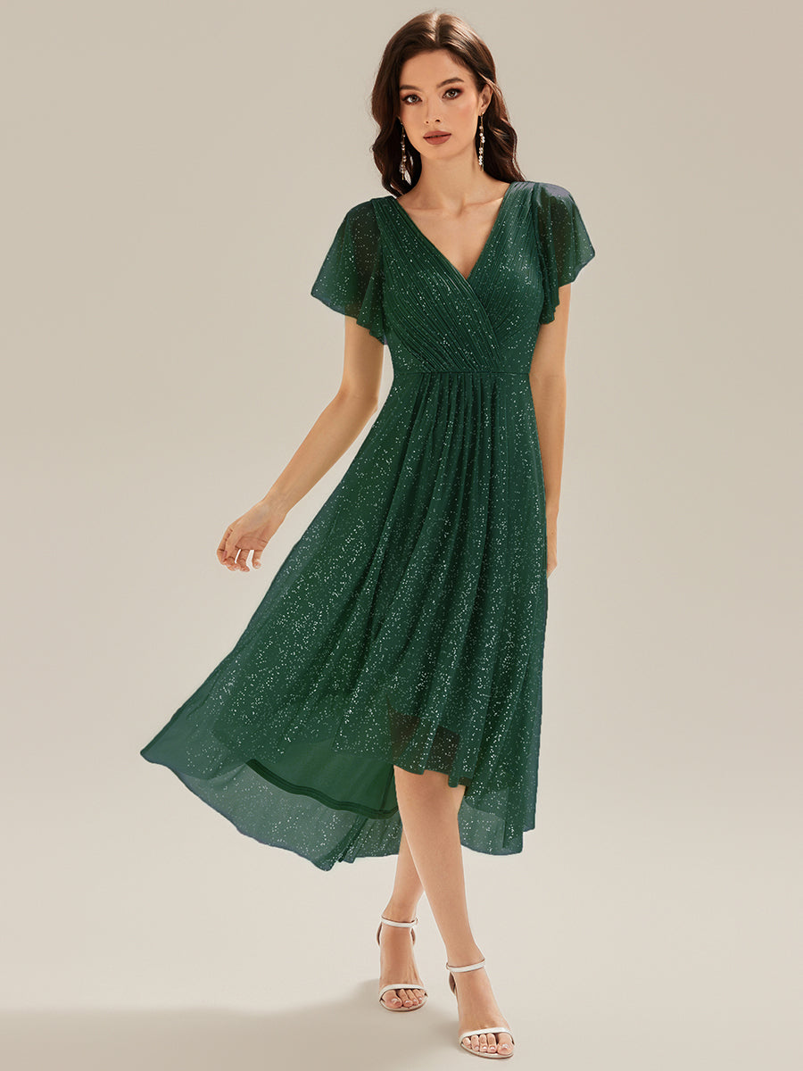 Robe A-Line à volants paillettes manches courtes #Couleur_Vert Fonce